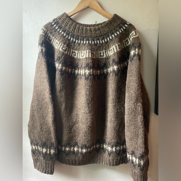 Hand Knit Wool Fair Isle Sweater Chunky Brown Knit Vintage Style Jumper - Picture 1 of 13